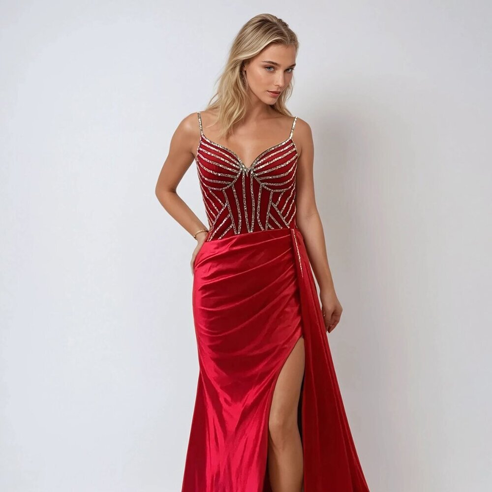 New Formal Sheath Sleeveless Rhinestones Embellished Prom Satin Dress JT2524L